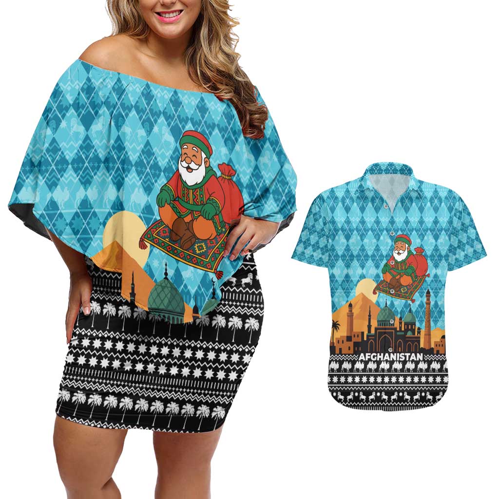 Afghanistan Christmas Couples Matching Off Shoulder Short Dress and Hawaiian Shirt with Santa on Flying Carpet Mosque Camels and Desert Sunset Design - Wonder Print Shop