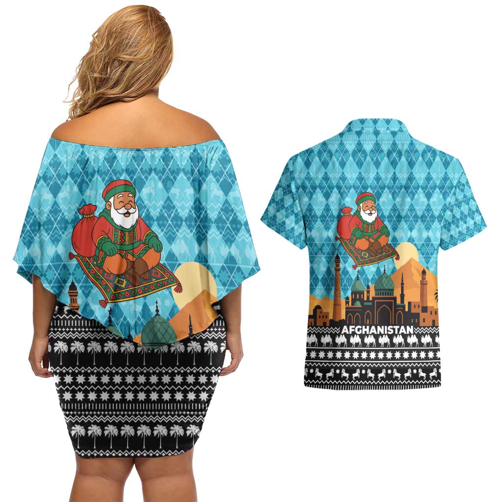 Afghanistan Christmas Couples Matching Off Shoulder Short Dress and Hawaiian Shirt with Santa on Flying Carpet Mosque Camels and Desert Sunset Design - Wonder Print Shop