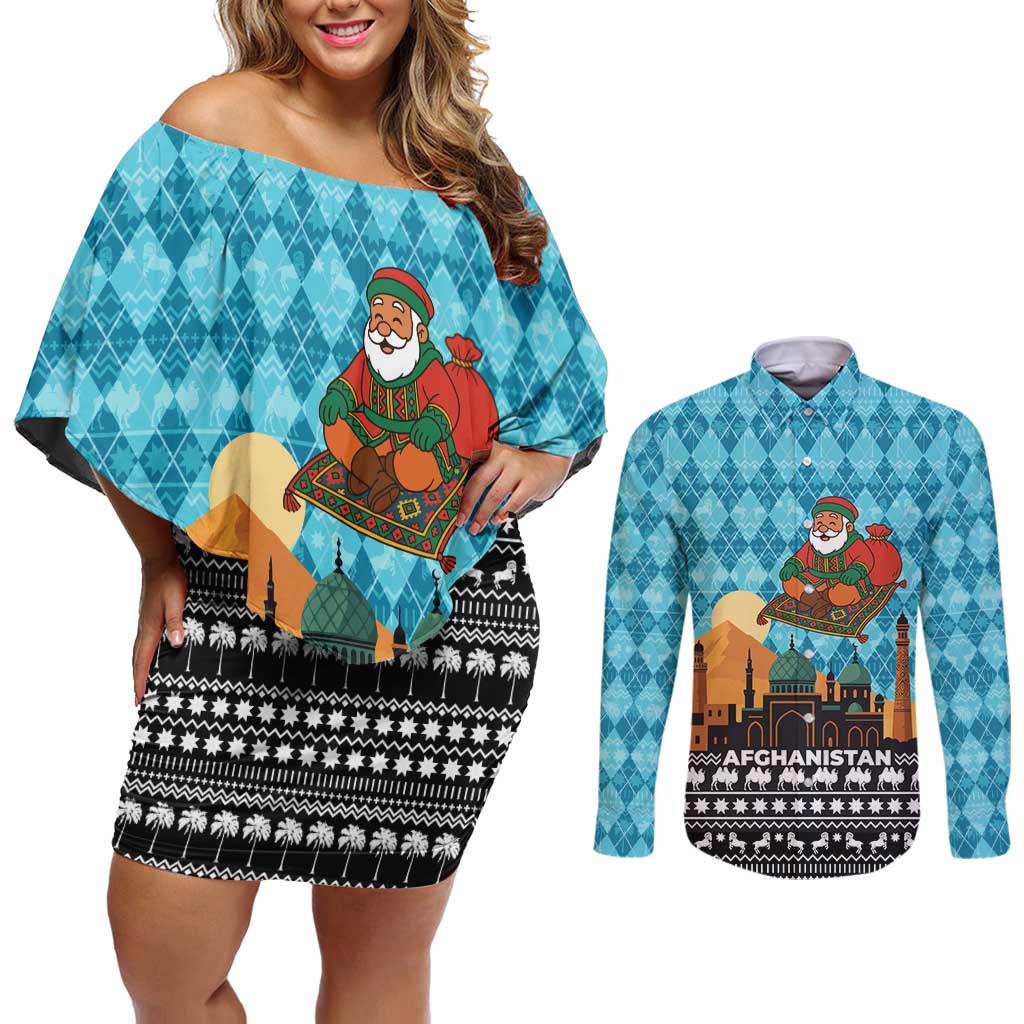 Afghanistan Christmas Couples Matching Off Shoulder Short Dress and Long Sleeve Button Shirt with Santa on Flying Carpet Mosque Camels and Desert Sunset Design - Wonder Print Shop