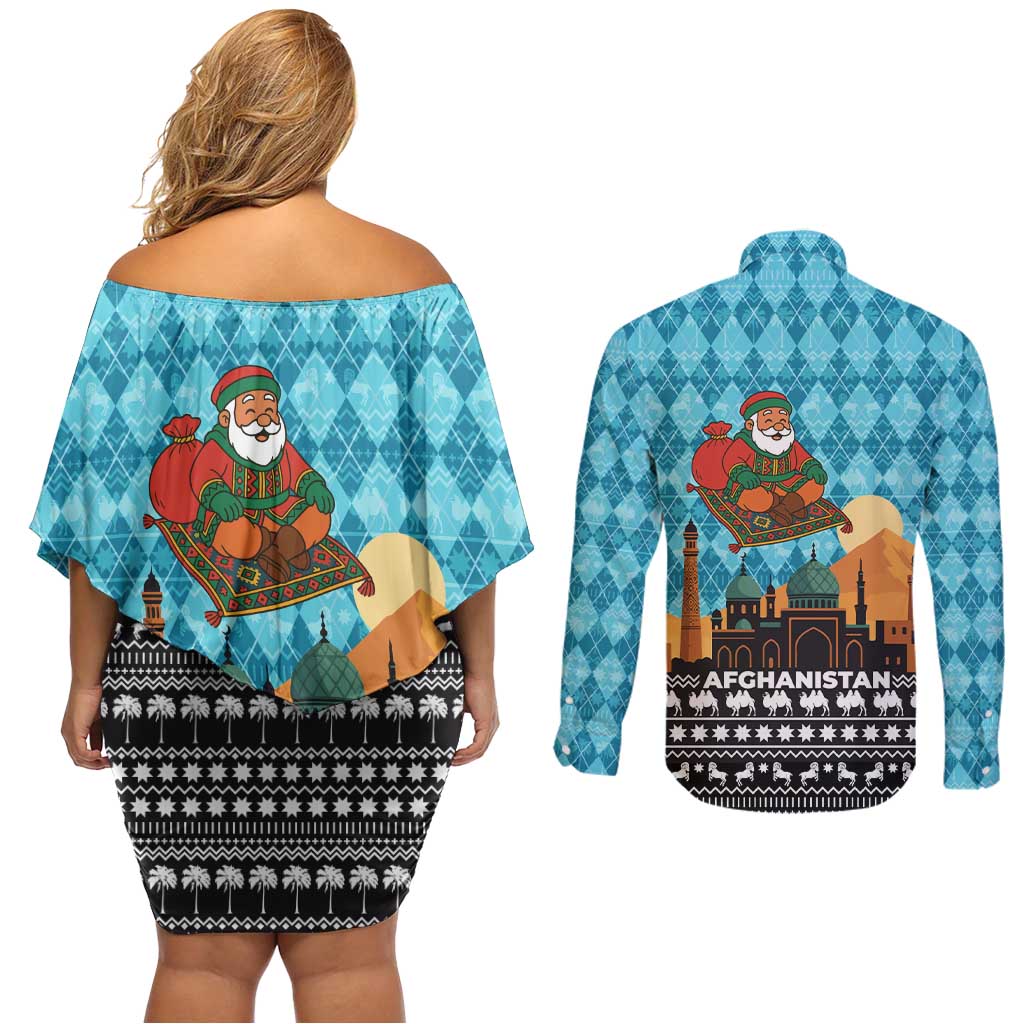 Afghanistan Christmas Couples Matching Off Shoulder Short Dress and Long Sleeve Button Shirt with Santa on Flying Carpet Mosque Camels and Desert Sunset Design - Wonder Print Shop