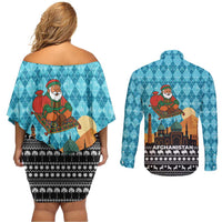 Afghanistan Christmas Couples Matching Off Shoulder Short Dress and Long Sleeve Button Shirt with Santa on Flying Carpet Mosque Camels and Desert Sunset Design - Wonder Print Shop