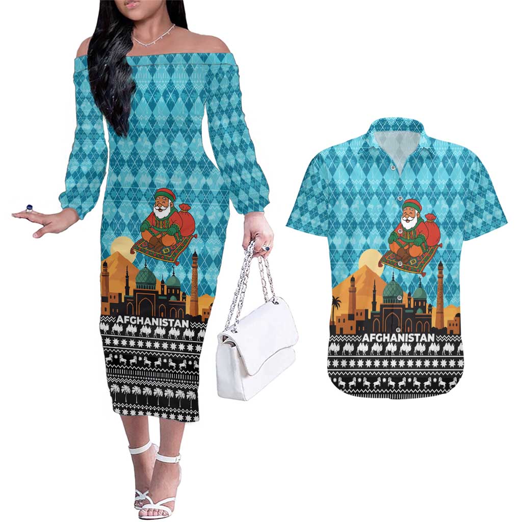 Afghanistan Christmas Couples Matching Off The Shoulder Long Sleeve Dress and Hawaiian Shirt with Santa on Flying Carpet Mosque Camels and Desert Sunset Design - Wonder Print Shop