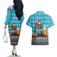 Afghanistan Christmas Couples Matching Off The Shoulder Long Sleeve Dress and Hawaiian Shirt with Santa on Flying Carpet Mosque Camels and Desert Sunset Design - Wonder Print Shop