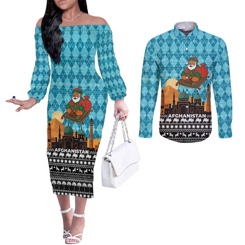 Afghanistan Christmas Couples Matching Off The Shoulder Long Sleeve Dress and Long Sleeve Button Shirt with Santa on Flying Carpet Mosque Camels and Desert Sunset Design - Wonder Print Shop