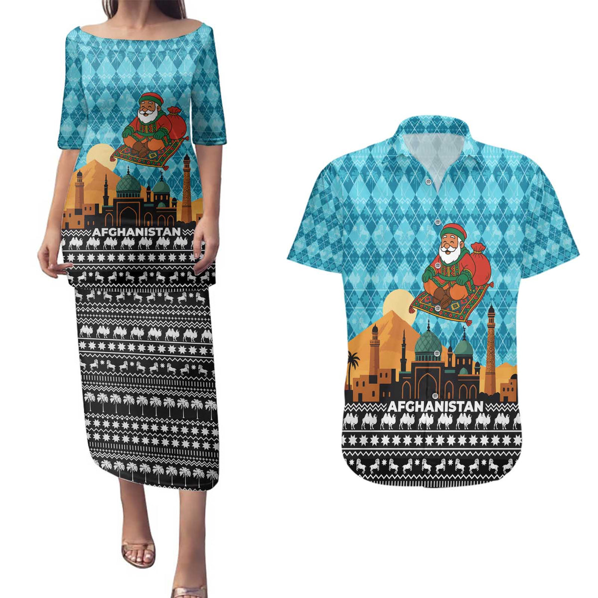 Afghanistan Christmas Couples Matching Puletasi and Hawaiian Shirt with Santa on Flying Carpet Mosque Camels and Desert Sunset Design - Wonder Print Shop