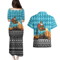 Afghanistan Christmas Couples Matching Puletasi and Hawaiian Shirt with Santa on Flying Carpet Mosque Camels and Desert Sunset Design - Wonder Print Shop