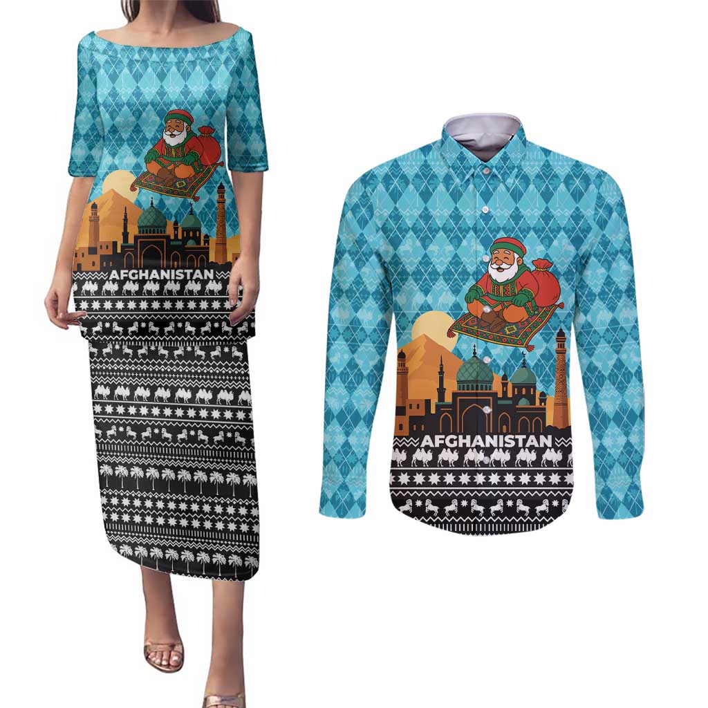 Afghanistan Christmas Couples Matching Puletasi and Long Sleeve Button Shirt with Santa on Flying Carpet Mosque Camels and Desert Sunset Design - Wonder Print Shop
