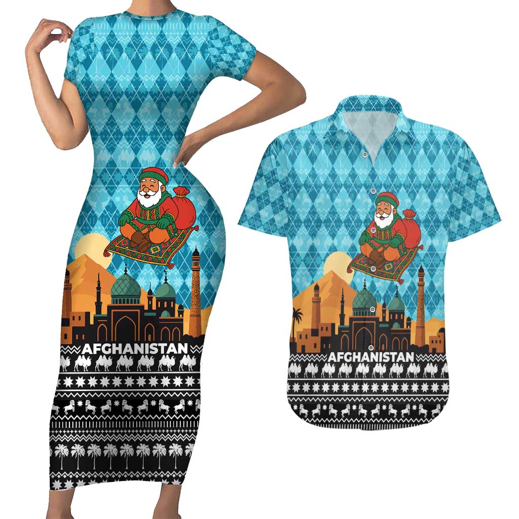 Afghanistan Christmas Couples Matching Short Sleeve Bodycon Dress and Hawaiian Shirt with Santa on Flying Carpet Mosque Camels and Desert Sunset Design - Wonder Print Shop