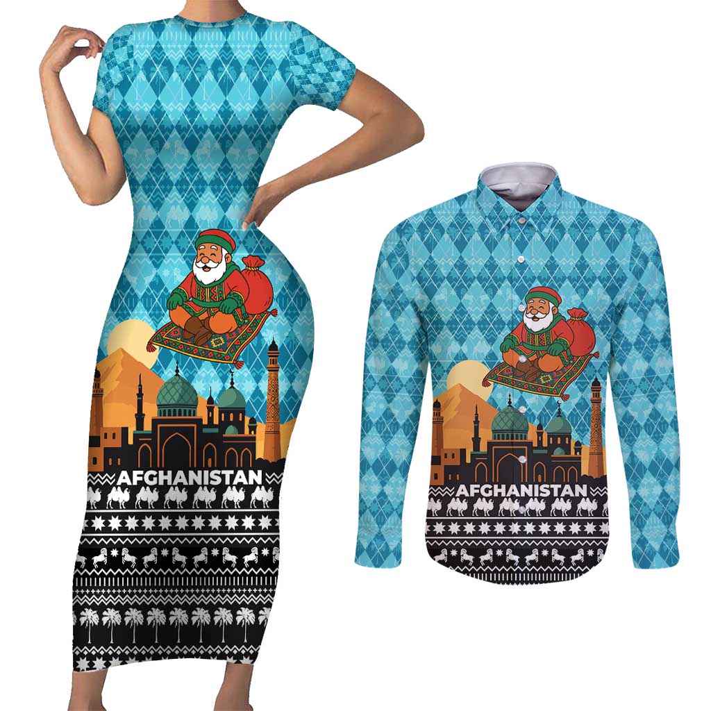 Afghanistan Christmas Couples Matching Short Sleeve Bodycon Dress and Long Sleeve Button Shirt with Santa on Flying Carpet Mosque Camels and Desert Sunset Design - Wonder Print Shop