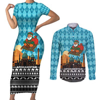 Afghanistan Christmas Couples Matching Short Sleeve Bodycon Dress and Long Sleeve Button Shirt with Santa on Flying Carpet Mosque Camels and Desert Sunset Design - Wonder Print Shop