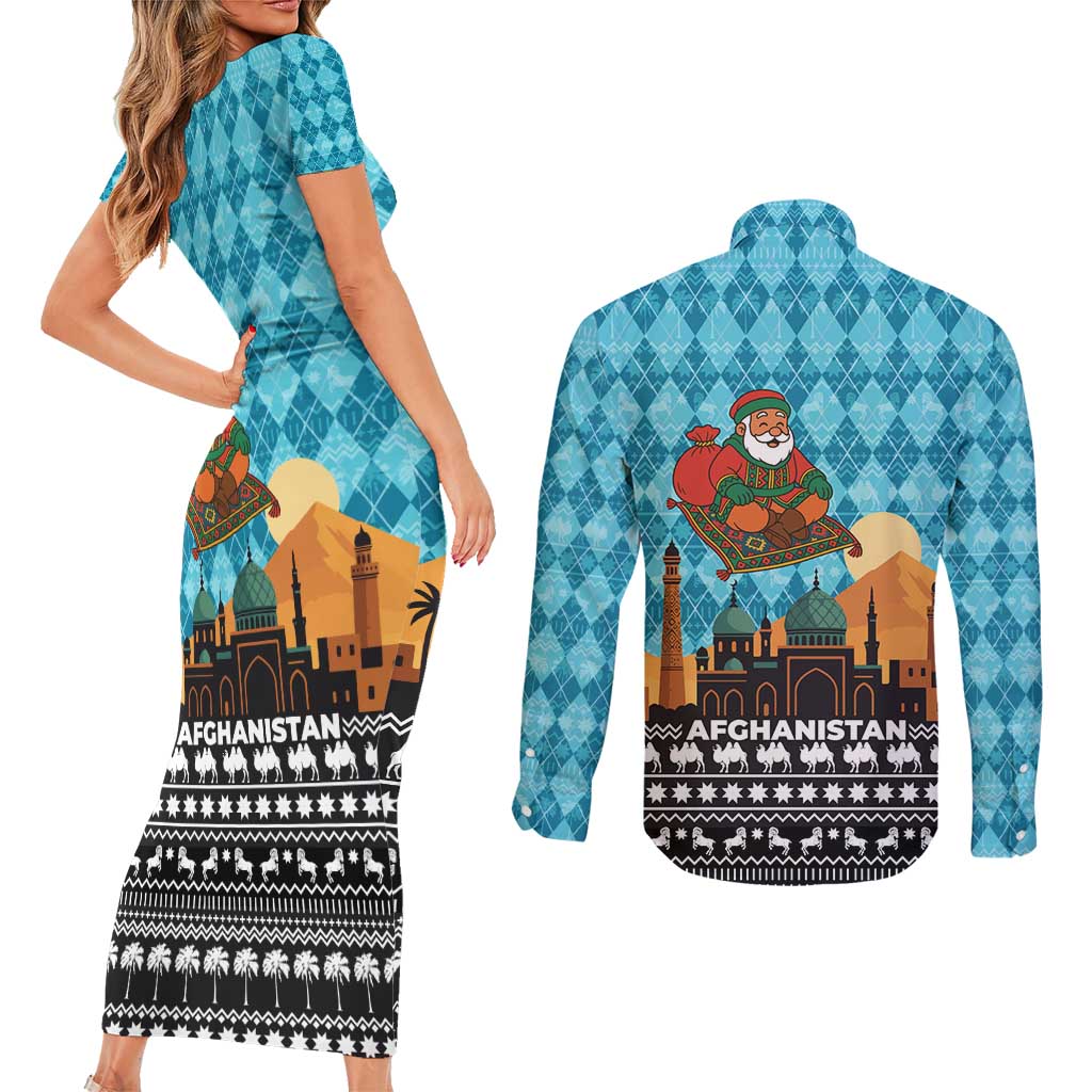 Afghanistan Christmas Couples Matching Short Sleeve Bodycon Dress and Long Sleeve Button Shirt with Santa on Flying Carpet Mosque Camels and Desert Sunset Design - Wonder Print Shop