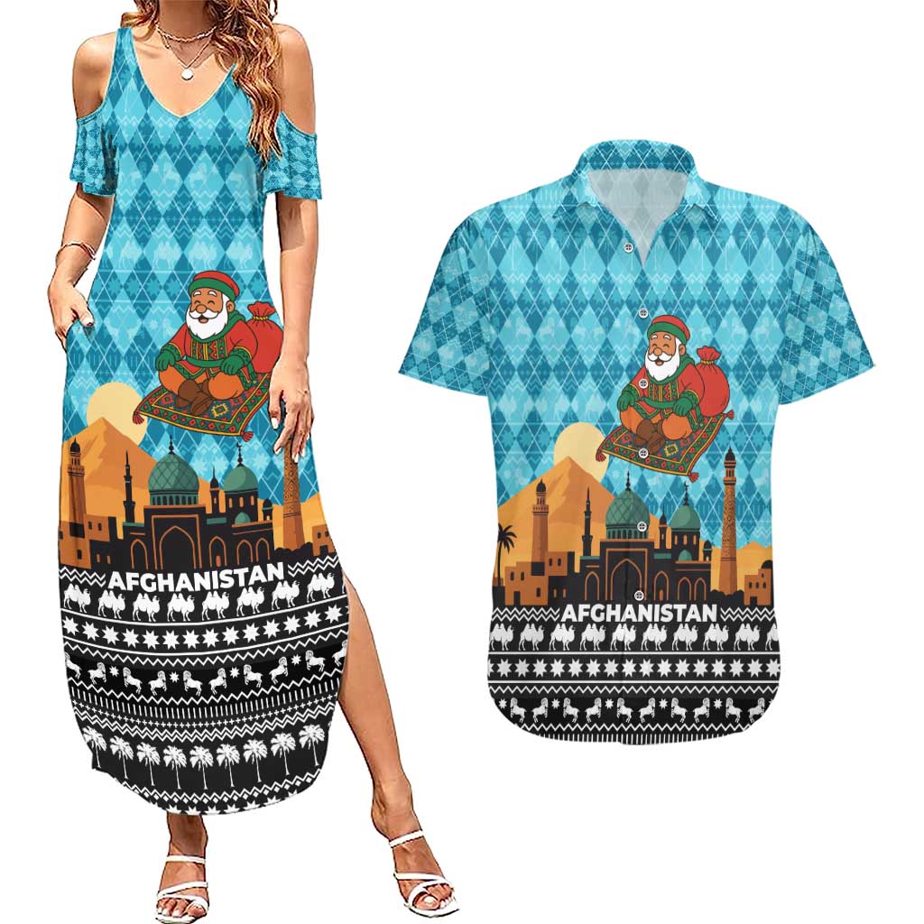Afghanistan Christmas Couples Matching Summer Maxi Dress and Hawaiian Shirt with Santa on Flying Carpet Mosque Camels and Desert Sunset Design - Wonder Print Shop