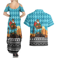 Afghanistan Christmas Couples Matching Summer Maxi Dress and Hawaiian Shirt with Santa on Flying Carpet Mosque Camels and Desert Sunset Design - Wonder Print Shop