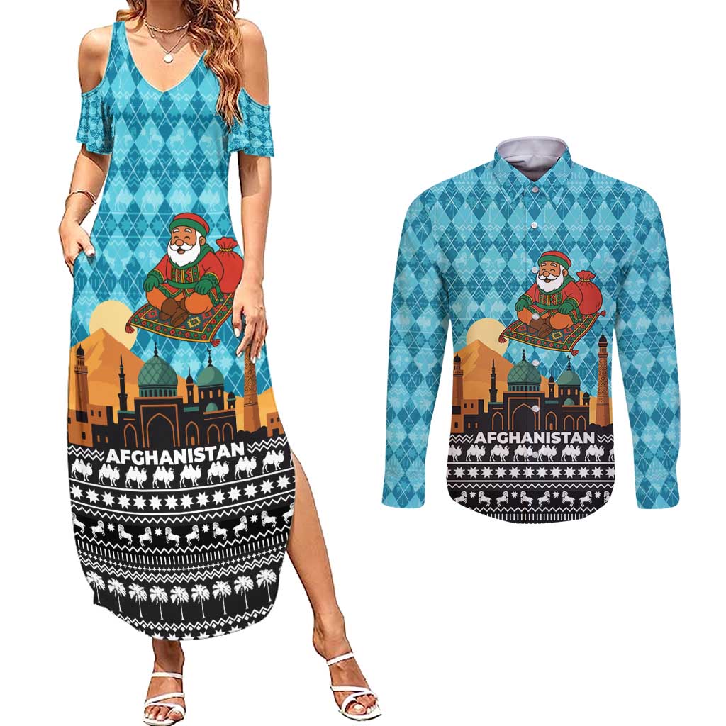Afghanistan Christmas Couples Matching Summer Maxi Dress and Long Sleeve Button Shirt with Santa on Flying Carpet Mosque Camels and Desert Sunset Design - Wonder Print Shop