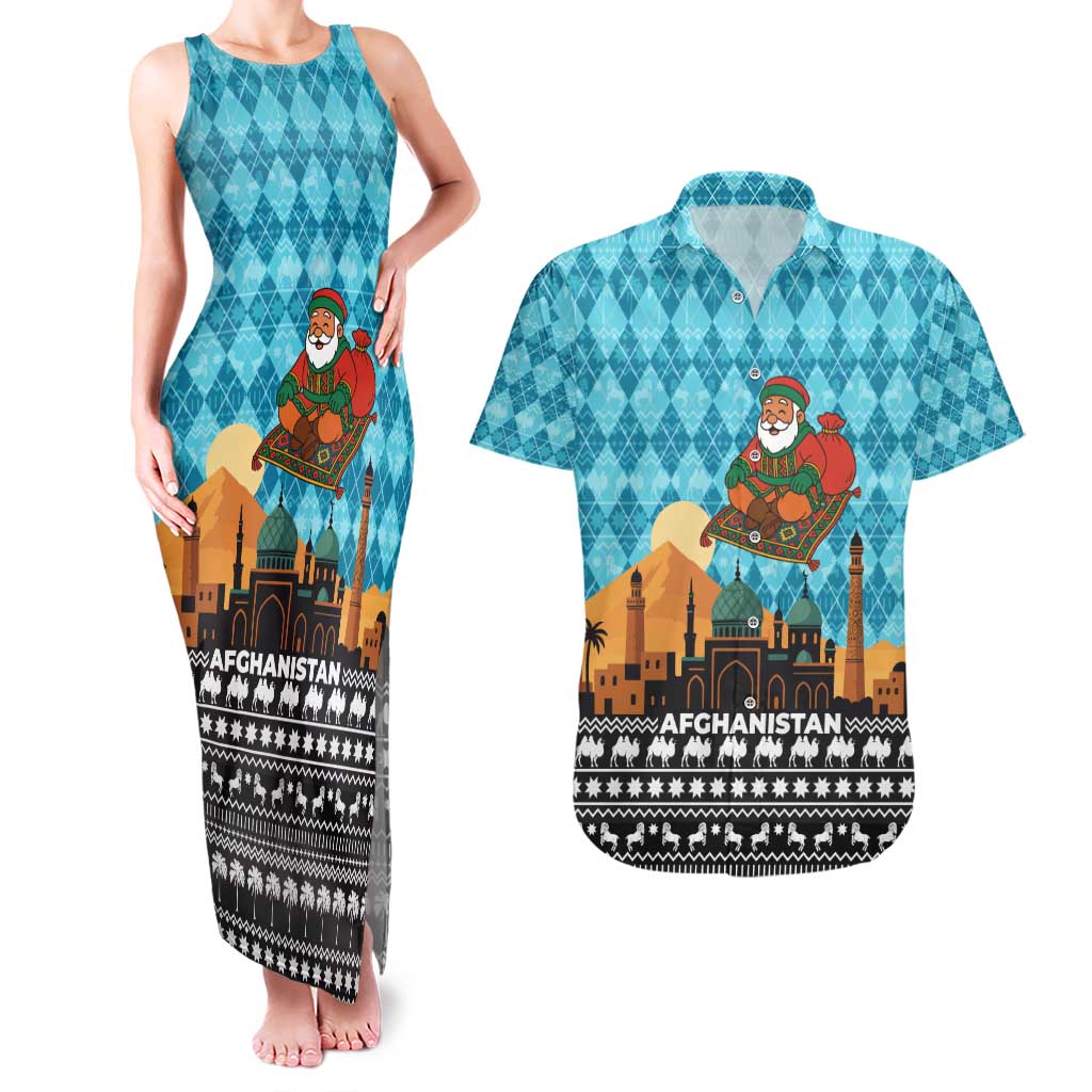 Afghanistan Christmas Couples Matching Tank Maxi Dress and Hawaiian Shirt with Santa on Flying Carpet Mosque Camels and Desert Sunset Design - Wonder Print Shop
