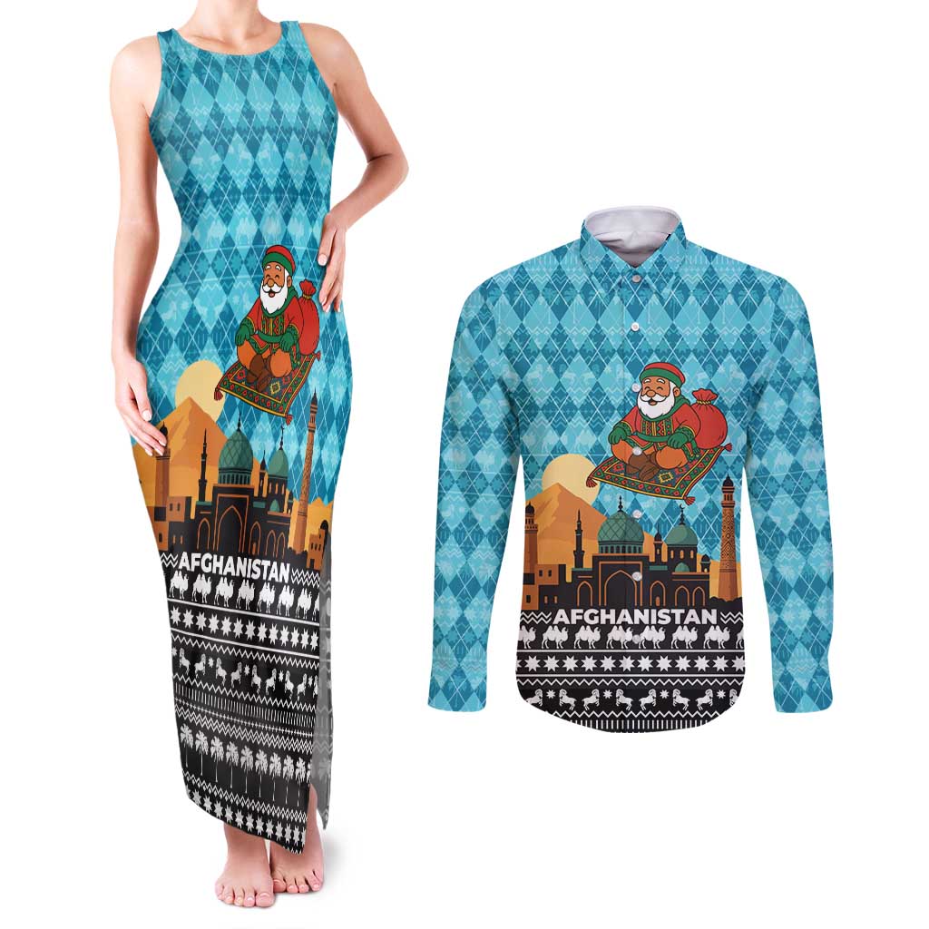 Afghanistan Christmas Couples Matching Tank Maxi Dress and Long Sleeve Button Shirt with Santa on Flying Carpet Mosque Camels and Desert Sunset Design - Wonder Print Shop
