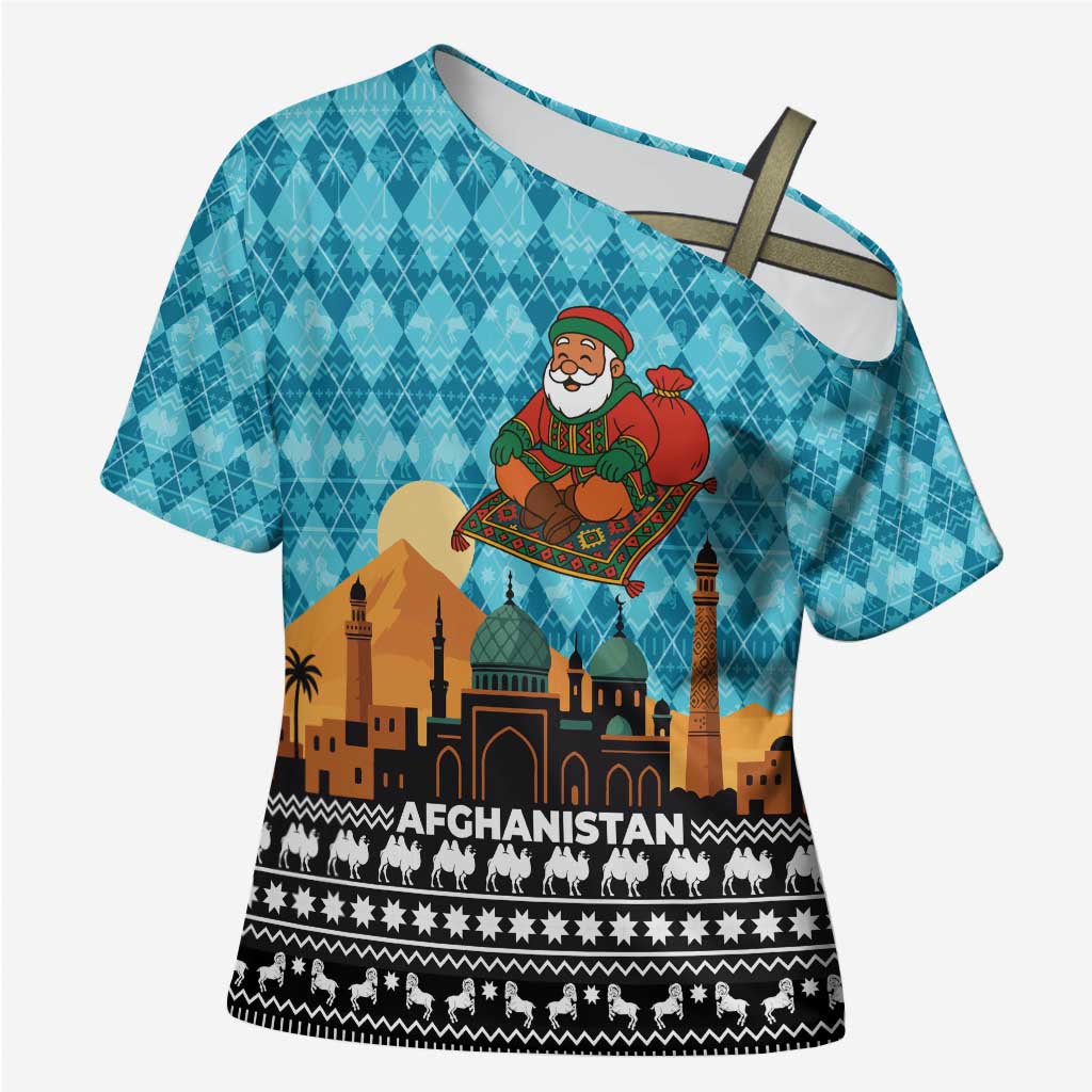 Afghanistan Christmas Cross Shoulder Shirt with Santa on Flying Carpet Mosque Camels and Desert Sunset Design - Wonder Print Shop
