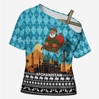 Afghanistan Christmas Cross Shoulder Shirt with Santa on Flying Carpet Mosque Camels and Desert Sunset Design - Wonder Print Shop