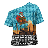 Afghanistan Christmas Cross Shoulder Shirt with Santa on Flying Carpet Mosque Camels and Desert Sunset Design - Wonder Print Shop