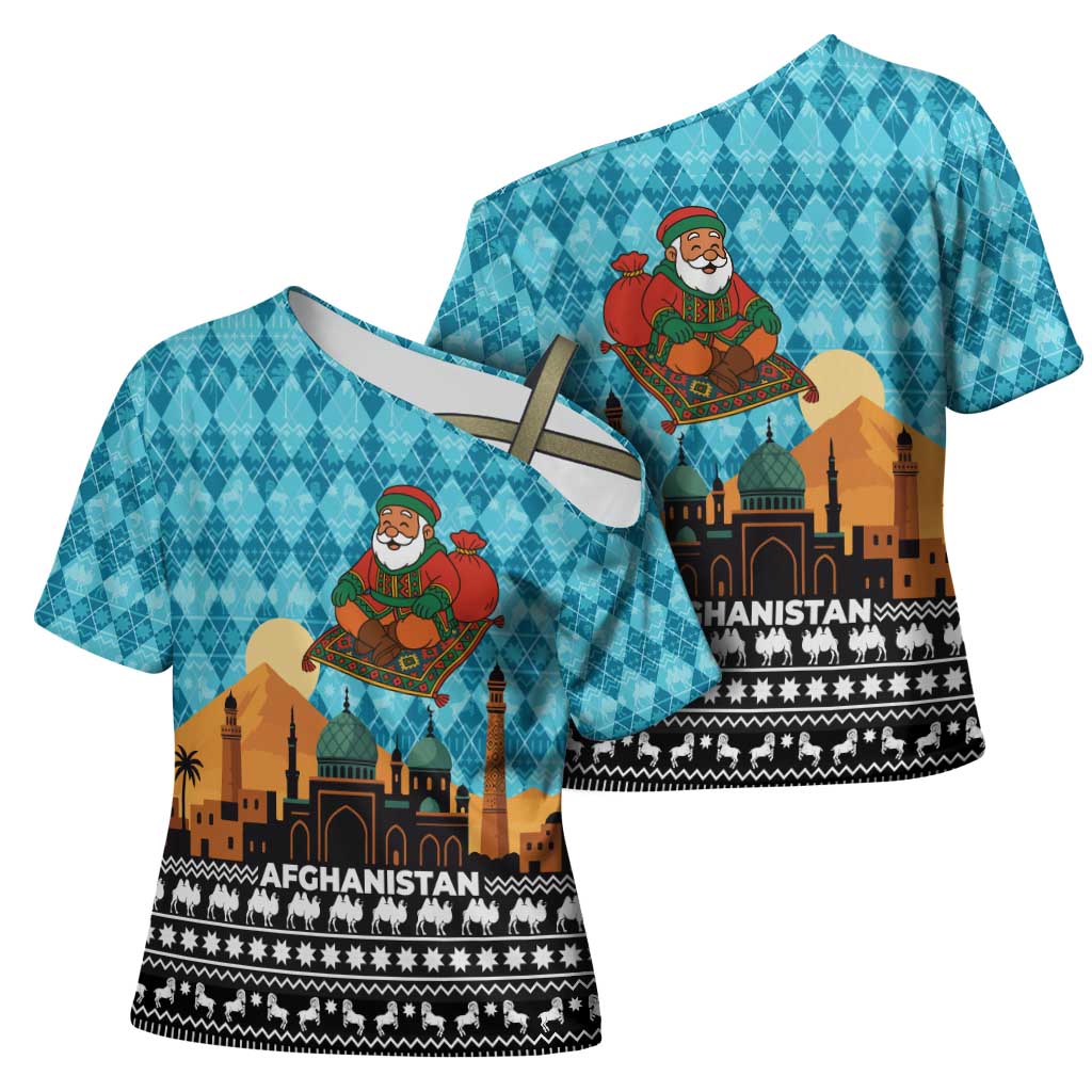 Afghanistan Christmas Cross Shoulder Shirt with Santa on Flying Carpet Mosque Camels and Desert Sunset Design - Wonder Print Shop