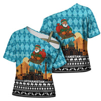 Afghanistan Christmas Cross Shoulder Shirt with Santa on Flying Carpet Mosque Camels and Desert Sunset Design - Wonder Print Shop