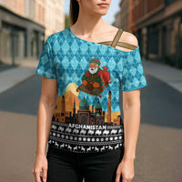 Afghanistan Christmas Cross Shoulder Shirt with Santa on Flying Carpet Mosque Camels and Desert Sunset Design - Wonder Print Shop