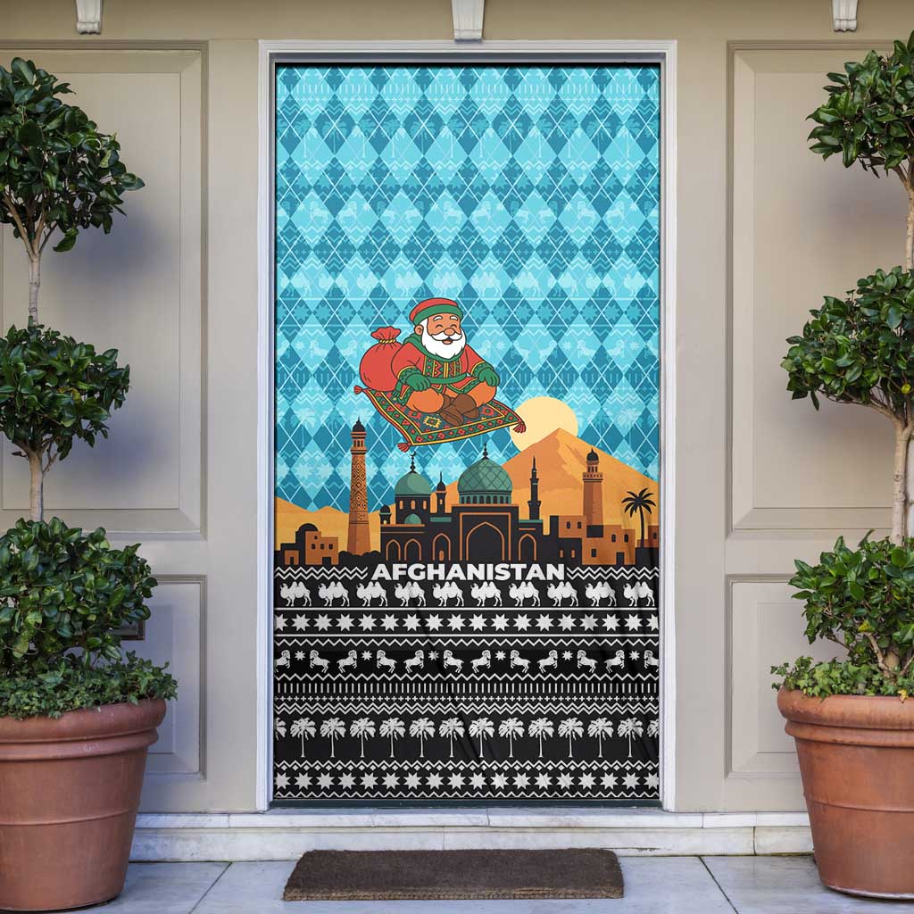 Afghanistan Christmas Door Cover with Santa on Flying Carpet Mosque Camels and Desert Sunset Design - Wonder Print Shop