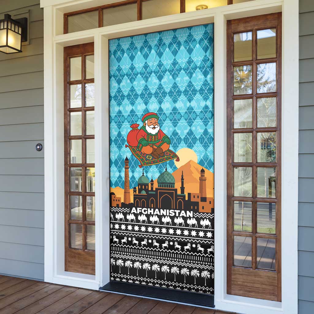 Afghanistan Christmas Door Cover with Santa on Flying Carpet Mosque Camels and Desert Sunset Design - Wonder Print Shop