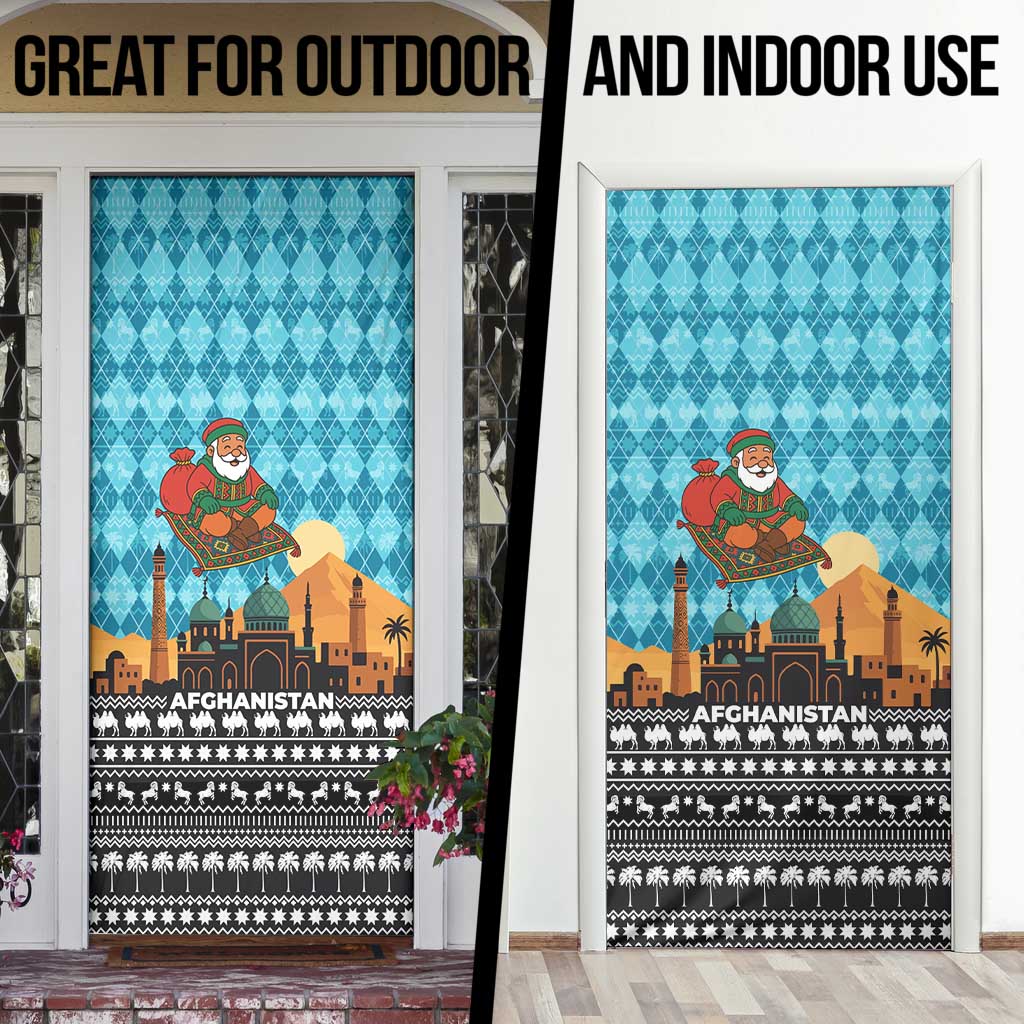 Afghanistan Christmas Door Cover with Santa on Flying Carpet Mosque Camels and Desert Sunset Design - Wonder Print Shop
