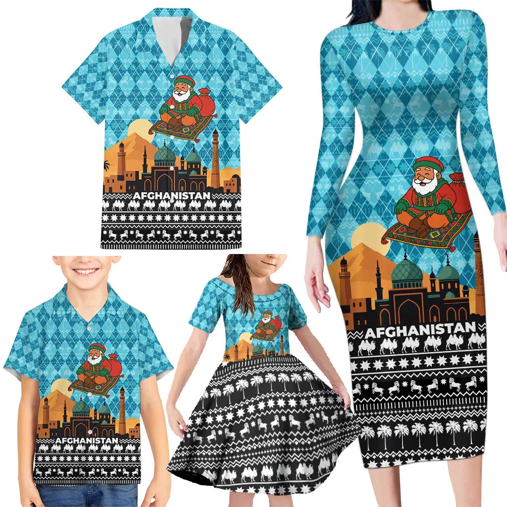 Afghanistan Christmas Family Matching Long Sleeve Bodycon Dress and Hawaiian Shirt with Santa on Flying Carpet Mosque Camels and Desert Sunset Design - Wonder Print Shop
