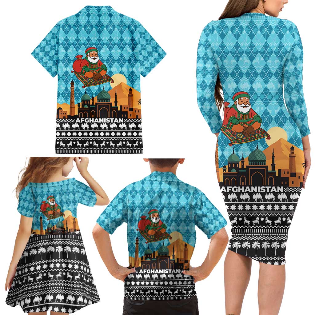 Afghanistan Christmas Family Matching Long Sleeve Bodycon Dress and Hawaiian Shirt with Santa on Flying Carpet Mosque Camels and Desert Sunset Design - Wonder Print Shop
