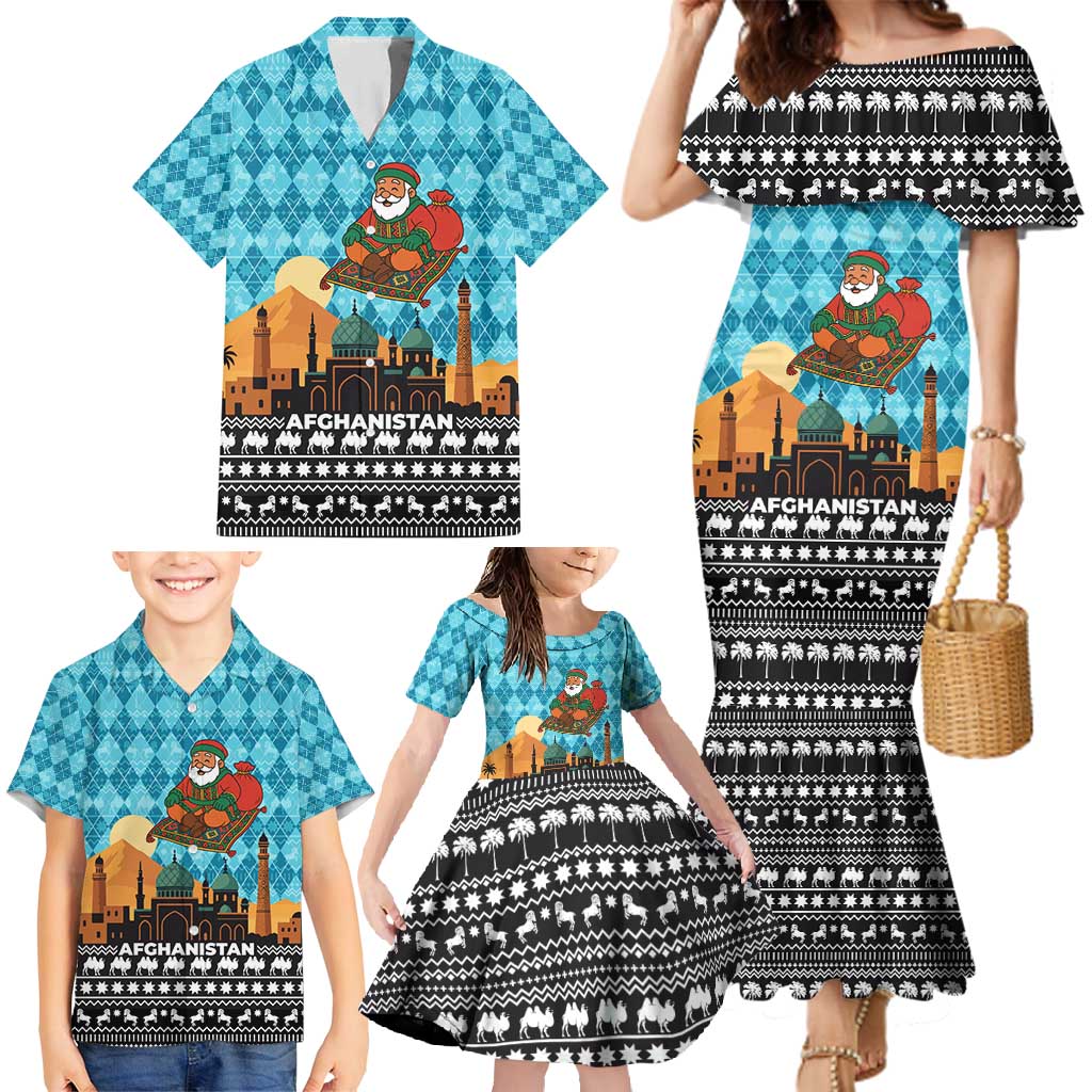 Afghanistan Christmas Family Matching Mermaid Dress and Hawaiian Shirt with Santa on Flying Carpet Mosque Camels and Desert Sunset Design - Wonder Print Shop