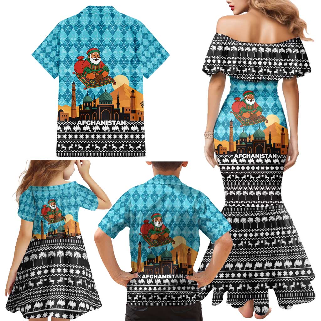 Afghanistan Christmas Family Matching Mermaid Dress and Hawaiian Shirt with Santa on Flying Carpet Mosque Camels and Desert Sunset Design - Wonder Print Shop