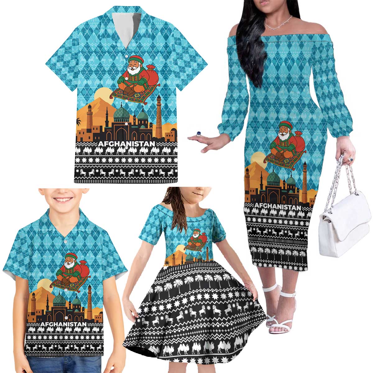 Afghanistan Christmas Family Matching Off The Shoulder Long Sleeve Dress and Hawaiian Shirt with Santa on Flying Carpet Mosque Camels and Desert Sunset Design - Wonder Print Shop