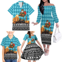 Afghanistan Christmas Family Matching Off The Shoulder Long Sleeve Dress and Hawaiian Shirt with Santa on Flying Carpet Mosque Camels and Desert Sunset Design - Wonder Print Shop
