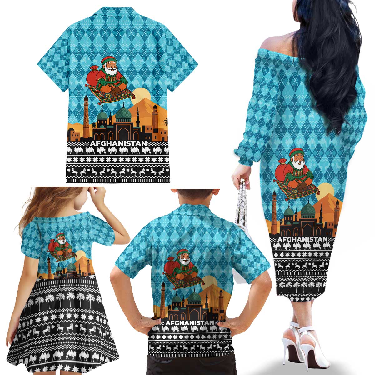 Afghanistan Christmas Family Matching Off The Shoulder Long Sleeve Dress and Hawaiian Shirt with Santa on Flying Carpet Mosque Camels and Desert Sunset Design - Wonder Print Shop