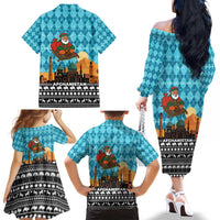 Afghanistan Christmas Family Matching Off The Shoulder Long Sleeve Dress and Hawaiian Shirt with Santa on Flying Carpet Mosque Camels and Desert Sunset Design - Wonder Print Shop