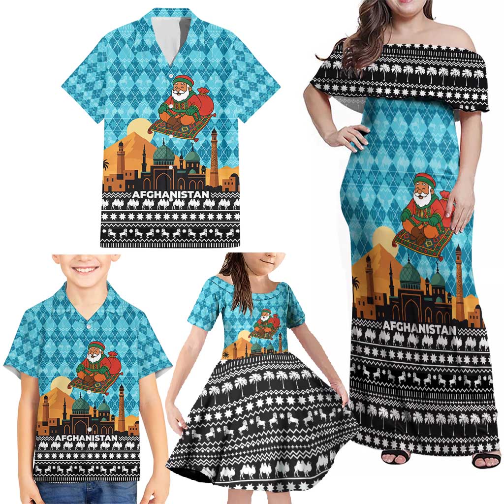Afghanistan Christmas Family Matching Off Shoulder Maxi Dress and Hawaiian Shirt with Santa on Flying Carpet Mosque Camels and Desert Sunset Design - Wonder Print Shop