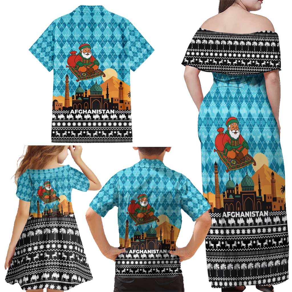 Afghanistan Christmas Family Matching Off Shoulder Maxi Dress and Hawaiian Shirt with Santa on Flying Carpet Mosque Camels and Desert Sunset Design - Wonder Print Shop