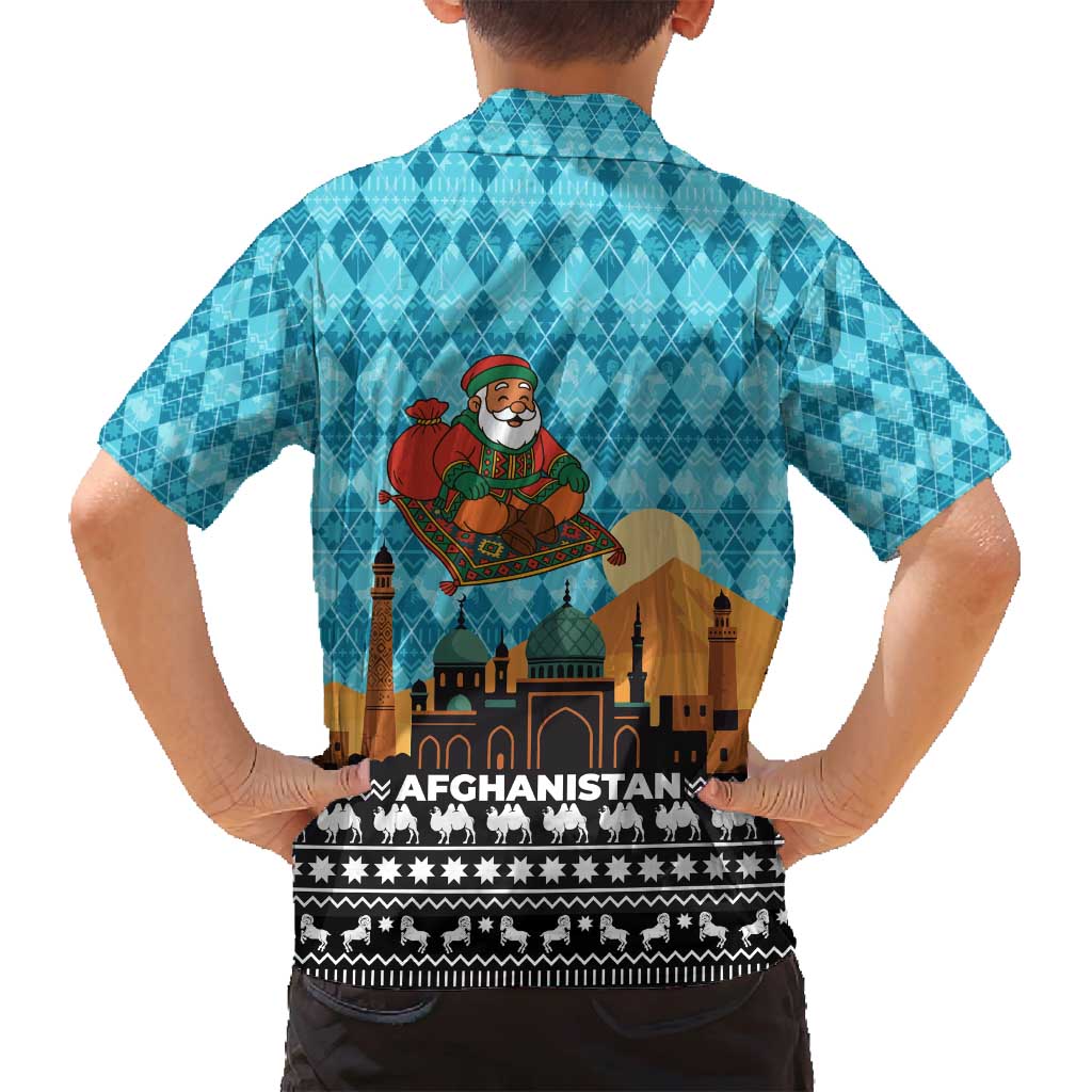 Afghanistan Christmas Family Matching Off Shoulder Short Dress and Hawaiian Shirt with Santa on Flying Carpet Mosque Camels and Desert Sunset Design - Wonder Print Shop