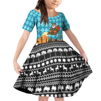 Afghanistan Christmas Family Matching Off Shoulder Short Dress and Hawaiian Shirt with Santa on Flying Carpet Mosque Camels and Desert Sunset Design - Wonder Print Shop