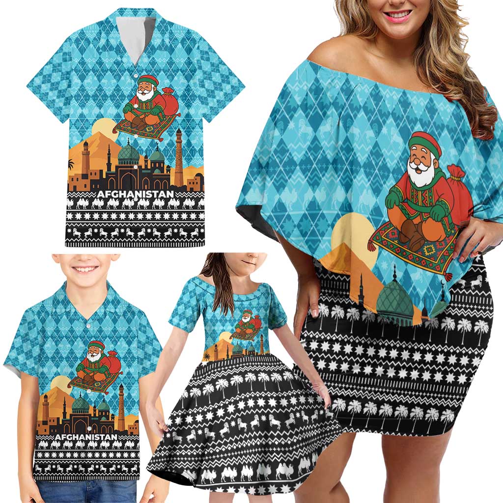 Afghanistan Christmas Family Matching Off Shoulder Short Dress and Hawaiian Shirt with Santa on Flying Carpet Mosque Camels and Desert Sunset Design - Wonder Print Shop