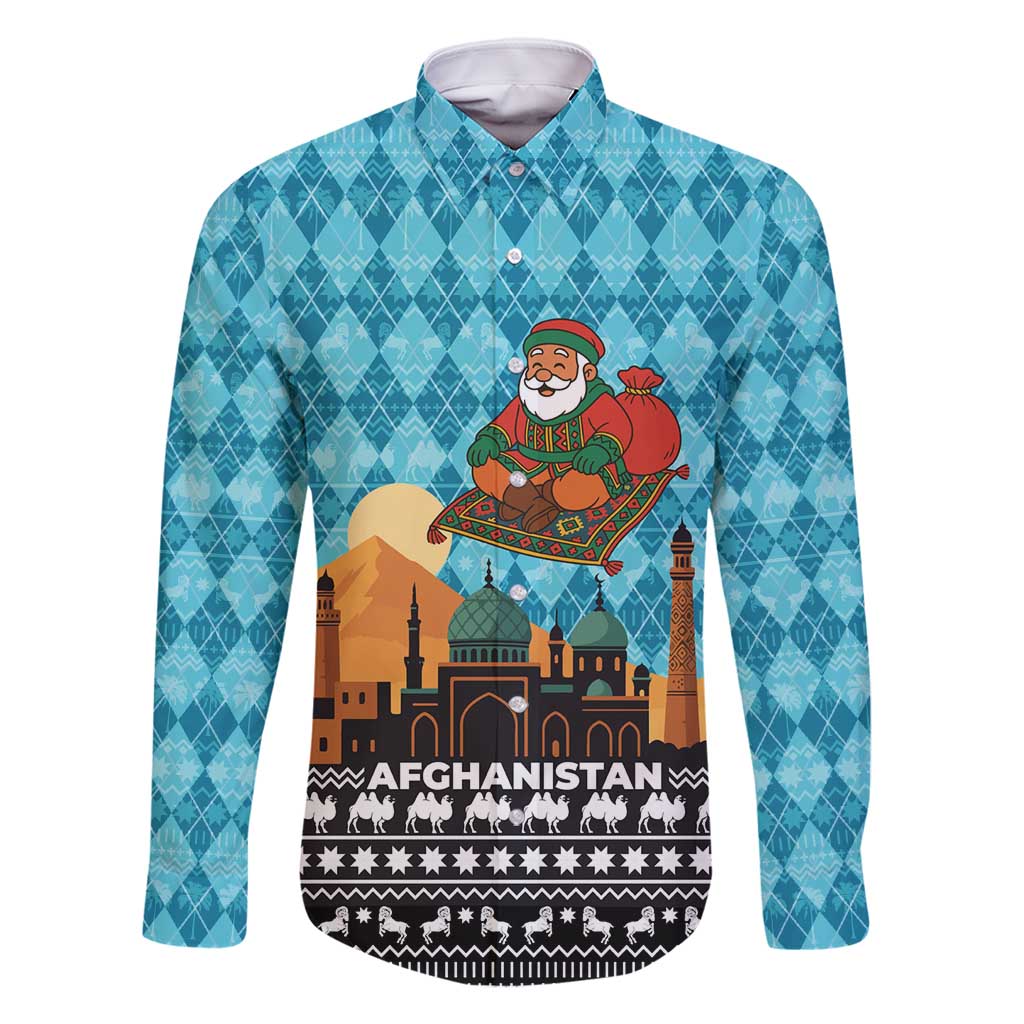 Afghanistan Christmas Family Matching Off Shoulder Short Dress and Hawaiian Shirt with Santa on Flying Carpet Mosque Camels and Desert Sunset Design - Wonder Print Shop