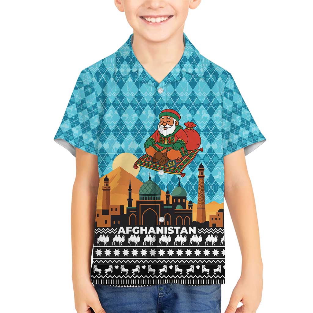 Afghanistan Christmas Family Matching Off Shoulder Short Dress and Hawaiian Shirt with Santa on Flying Carpet Mosque Camels and Desert Sunset Design - Wonder Print Shop