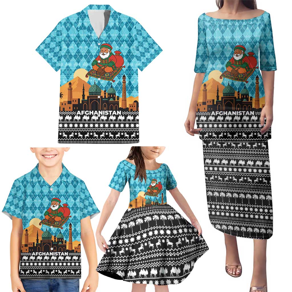 Afghanistan Christmas Family Matching Puletasi and Hawaiian Shirt with Santa on Flying Carpet Mosque Camels and Desert Sunset Design - Wonder Print Shop