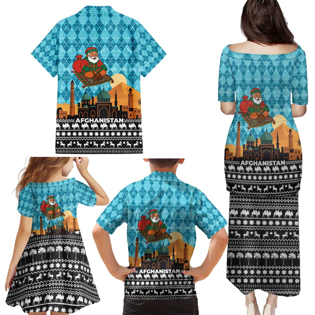 Afghanistan Christmas Family Matching Puletasi and Hawaiian Shirt with Santa on Flying Carpet Mosque Camels and Desert Sunset Design - Wonder Print Shop
