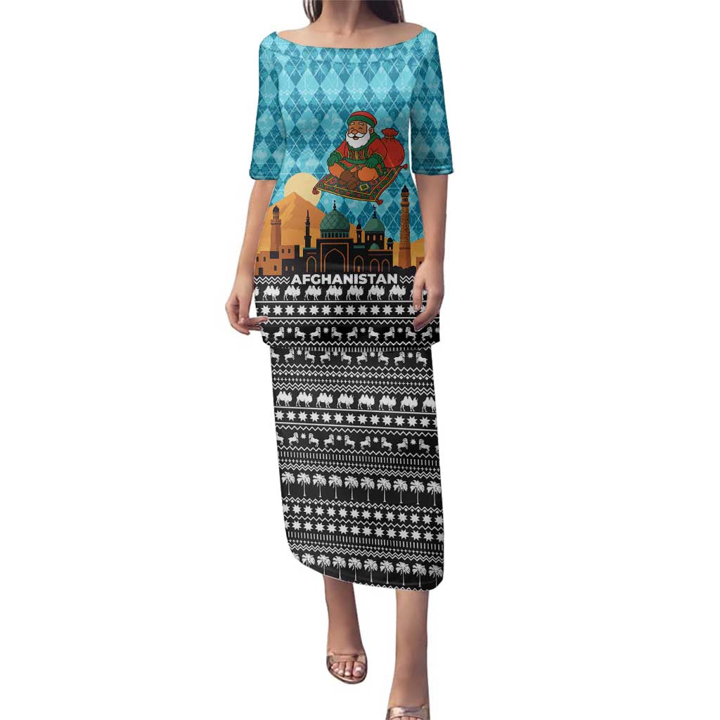 Afghanistan Christmas Family Matching Puletasi and Hawaiian Shirt with Santa on Flying Carpet Mosque Camels and Desert Sunset Design - Wonder Print Shop