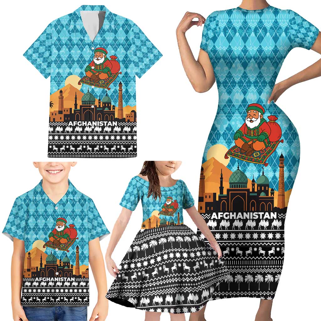 Afghanistan Christmas Family Matching Short Sleeve Bodycon Dress and Hawaiian Shirt with Santa on Flying Carpet Mosque Camels and Desert Sunset Design - Wonder Print Shop