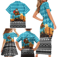 Afghanistan Christmas Family Matching Short Sleeve Bodycon Dress and Hawaiian Shirt with Santa on Flying Carpet Mosque Camels and Desert Sunset Design - Wonder Print Shop