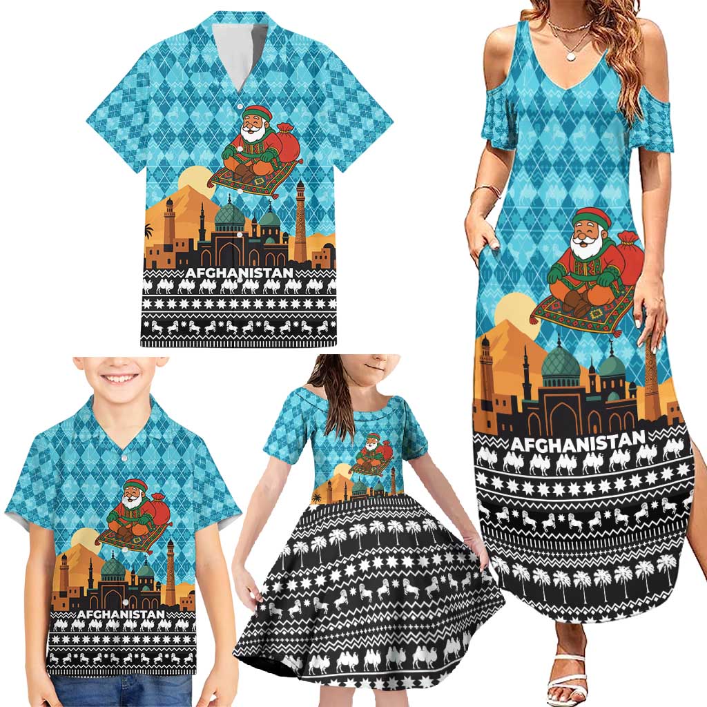 Afghanistan Christmas Family Matching Summer Maxi Dress and Hawaiian Shirt with Santa on Flying Carpet Mosque Camels and Desert Sunset Design - Wonder Print Shop